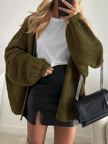 Women's Oversized Cardigan Fall Long Lantern Sleeve Knit Cardigan Lightweight - 軍綠色 - 查看 2