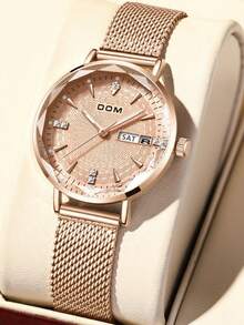 DOM 1 pieza Reloj de mujer de acero inoxidable con banda de oro rosa, elegante, de cuarzo, con calendario, indicador de semana, resistente al agua, adecuado como regalo para la novia - Oro rosa - Ver 1