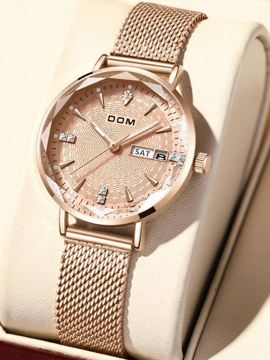 DOM 1 pieza Reloj de mujer de acero inoxidable con banda de oro rosa, elegante, de cuarzo, con calendario, indicador de semana, resistente al agua, adecuado como regalo para la novia - Oro rosa - Ver 1