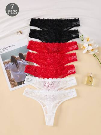 7pcs Women's Lace Floral Thong Panties, Minimalist Sexy Style, Comfortable Ladies Underwear