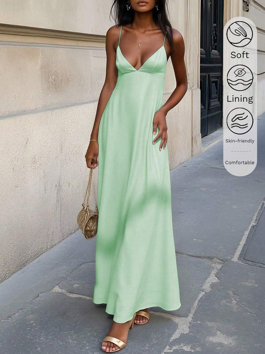 女士缎面 V 领优雅夏季长裙、丝质睡裙、节日派对生日正式场合连衣裙 - 綠色 - 查看 1