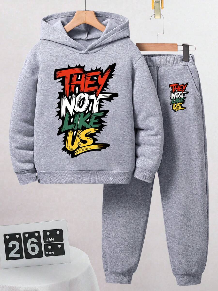 青少年男孩字母图案印花保暖连帽衫和运动裤休闲装 - 灰色 - 查看 1