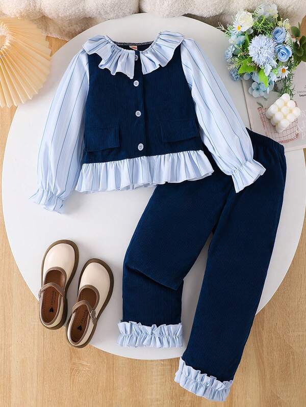 2pcs Girls' Fashion Pleated Design Top With Ruffle Trim Striped Shirt And Pants Set, Casual Campus Sweet Style Outfit For Older Kids, Autumn, Corduroy Patchwork Fake Pocket Shirt And Trousers