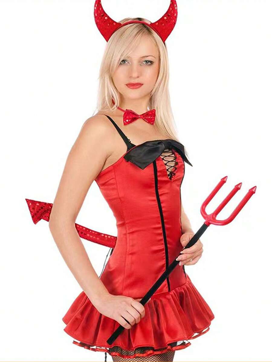 Set de 3 piezas de diadema de cuernos de diablo, moño y cola para disfraz de fiesta de Halloween, adecuado para actuaciones de baile, fiestas y shows de bar - Rojo - Ver 1