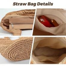 Straw Beach Bags For Women - Women Beach Woven Tote Bag, Summer Mesh Hollow Shoulder Bag For Holiday - Kaki - G - Xem 3
