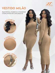 Premium Ribbed Long Dress With Open Shoulder And Long Sleeves - 米色 - 查看 3