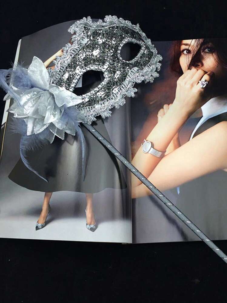 1 件女士多色威尼斯羽毛化妆舞会面罩手持道具，适合节日、派对、联欢会、表演万圣节万圣节配饰 - 彩色 - 查看 5