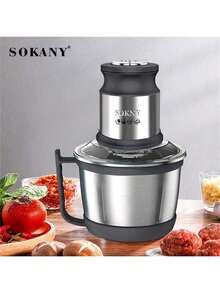 SOKANY 7027 多功能电动绞肉机，3L 大容量，双层四刀片，2 档速度设置，800W 大功率，不锈钢材质，适用于家庭和餐厅，可用作食品搅拌机、绞肉机、压蒜器、蔬菜切丝器、洋葱切片器，也可用于加工生姜、辣椒、水果和肉类。 - 查看 9