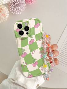 Cream Textured Wavy Edge Glossy Plaid Cherry Painting Anti-Drop Phone Case With Handmade Beaded Bracelet Accessory, Compatible With IPhone 16/11/16pro/16plus/16promax/16e/15Promax/13/14/12/XS/XR/7G/8P, Compatible With Samsung Galaxy S25/S25PLUS/S25 Ultra/A16/A36/A26/A56 Waterproof Shockproof Scratch Resistant - Multicolor - View 1