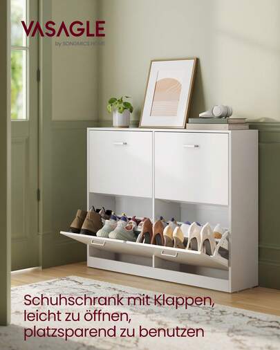 VASAGLE Schuhschrank 4 Klappen, Schuhkipper, Schuhregal, Schuhaufbewahrung, Trennwand verstellbar, für 16-28 Paar Schuhe, Flur, 24 x 105,5 x 82,7 cm, schneeweiß
