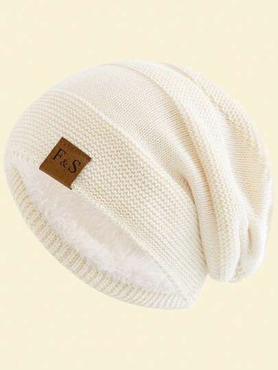 JZML 1pc Unisex Letter Label Decor Plush Lined Slouchy Beanie