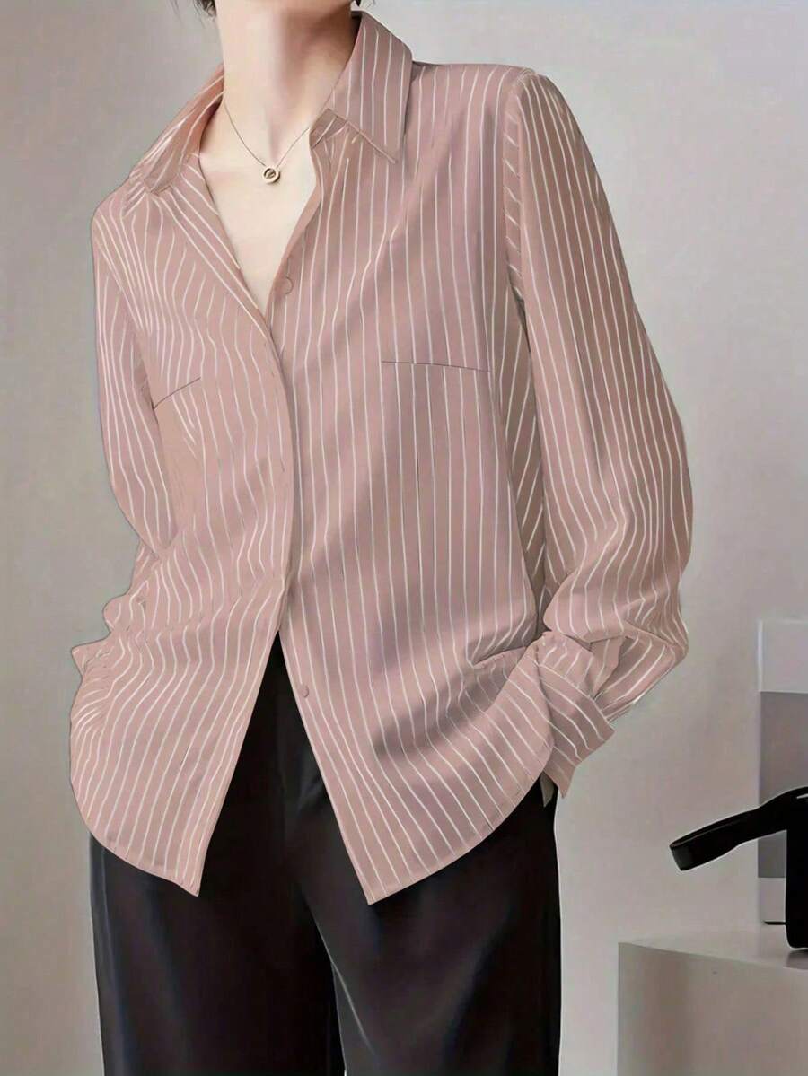 Plus Size Women's Casual Striped Shirt With Turndown Collar, Suitable For Commuting, Spring/Summer