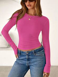 Women Spring And Fall Long Sleeve Shirts Ribbed Crewneck Fitted Basic Tee Going Out Tops Casual Workout Vacation Outfits - 亮粉紅色 - 查看 4