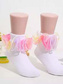 1 Pair Girls' Ruffle Trim Socks, Princess Baby Dance Rainbow Lace Socks - Multicolor - View 14