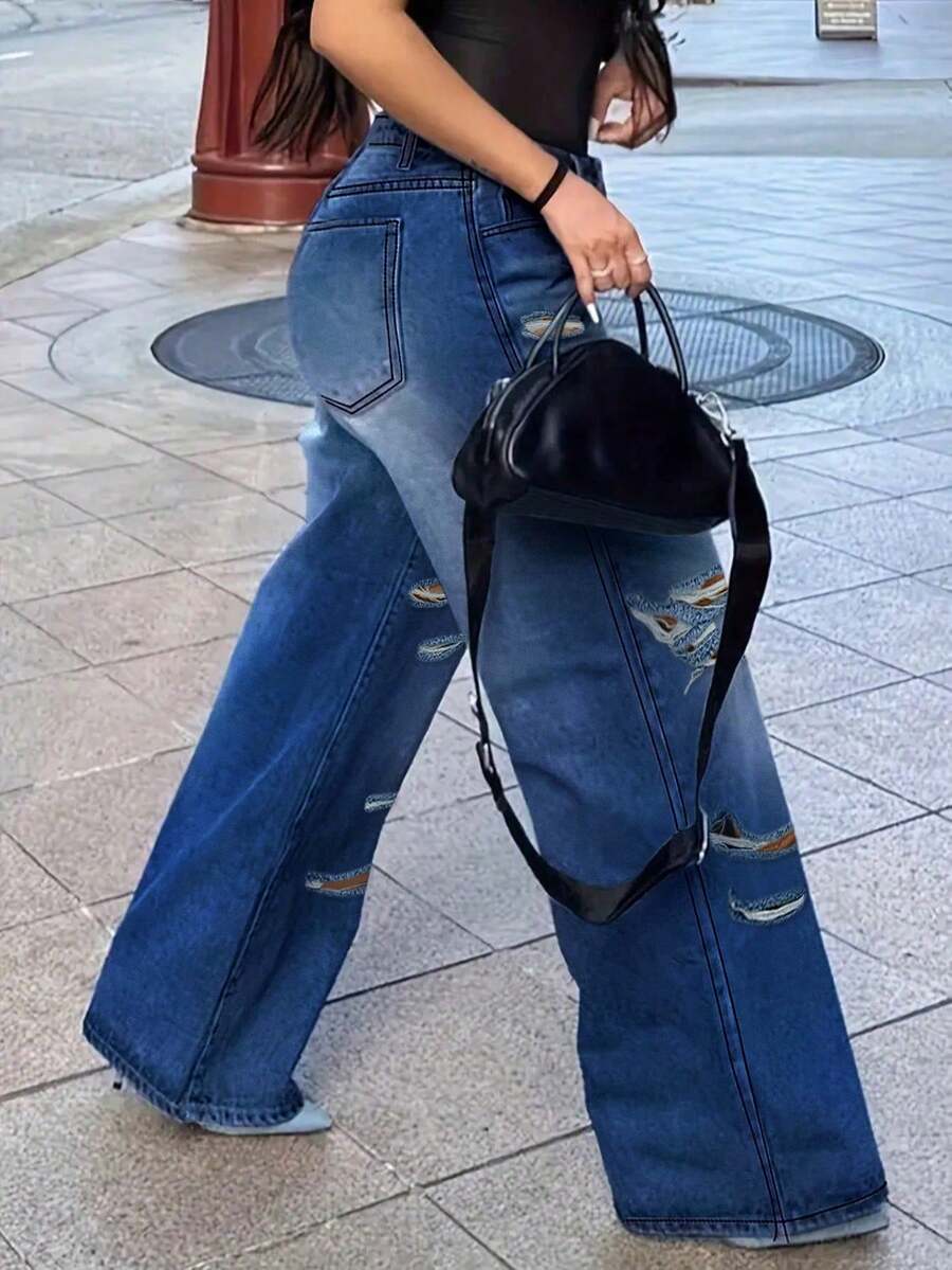 Women's Jeans, Y2K Style Women's Wear, Fashionable Casual Loose Jeans, Straight-Leg Jeans, Suitable For All Seasons, Perforated And Decorated, Simple And Full Of Street Style, Suitable For Going Out, Cocktail Parties, Parties, Christmas, Nightclubs, Banquets, Film Festivals, Cinemas, Balls, Cocktail Parties, Weddings, Graduation Ceremonies, Back-To-School, Birthday Parties, Rebellious Girls Festival-Themed Parties, Outdoor Outfits, Streetwear, Fashion Shows, Dates,Pantalón Jean Mujer,Women Clothes,Jeans Para Mujer,Pantalones De Mujer Jean,Ropa De Mujer,Tall Jeans Women,Y2k Clothes,Going Out Outfits,Holiday Outfits For Women,Vacation Outfits Women,Club Outfits For Women,New Years Outfit Women,Holiday Outfits For Women - 中等水洗藍 - 查看 1