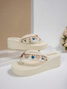 时尚休闲女式厚底坡跟凉鞋，夏季沙滩链条装饰人字拖，轻便高端EVA舒适防滑绑带凉鞋，适合户外活动，人字拖 - 米色 - 查看 7