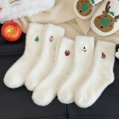 5 Pairs Women's Christmas Socks, White Fluffy Embroidered Holiday Socks, Warm Thick Plush Polyester 95% Spandex 5% Knit Fabric, Hand Wash Holiday Socks