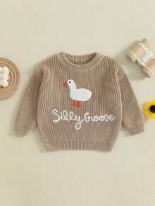 Toddler Baby Boy Girl Goose Outfits Sweater Silly Goose Embroidery Long Sleeve Sweatshirt Chunky Knit Pullover Tops - 卡其色 - 查看 1