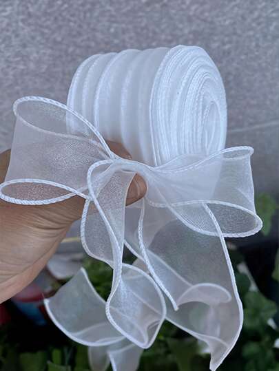 1roll 4.5/9/45/M White Organza Ribbon Wired Sheer Mesh Yarn Ribbon Clear Transparent Chiffon Silk Tulle Ribbons For Sewing Making Gift Wrapping Crafts Wedding Bouquet Invitations Decor Supplies