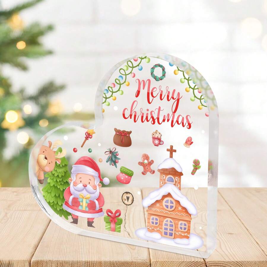 Decoración navideña de acrílico con forma de corazón: Lindo Papá Noel y Casa de Jengibre | Ideal para mesa (hogar/oficina) - Regalo festivo, encantador y único