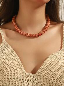 1pc Boho Style Round Geometric Ceramic Pumpkin Bead Handmade Beaded Necklace With Stainless Steel Chain & Lobster Clasp, Gift For Women, Suitable For Daily Wear And Holidays