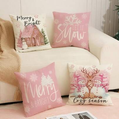 4pcs Christmas Theme Pillow Covers, Pink Letter Print Snowman & Reindeer Pattern, Farmhouse Style Polyester Fabric Zippered Single-Sided Print Cushion Covers, Pillow Inserts Not Included, Winter, Christmas Holiday Home Decor, Suitable For Sofa, Bed, Chair, Bedroom, Living Room, Patio Decoration