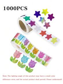 1000PCS/500PCS Children's Four Seasons Laser Flower Stickers Roll -8 Colors Of Fancy Flower Shaped Self-Adhesive Stickers, PET Material, Very Suitable For Envelope, Diary, Birthday, Wedding And Party Decoration Cartoon Laser Sticker Labels, Office Stationery Decoration Labels, Sealing Stickers