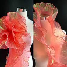 2 Yards Mermaid Gradient Organza Fabric With Ruched Edges, 3D Pleated Large Floral Decorative Material - Coral Red - View 3
