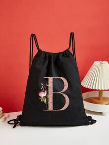 Drawstring Backpack Sports Backpack Women Drawstring Shoe Bags For Travel Storage Bags Rose Gold Initials Name Letter Pattern Gym Bags Lightweight Drawstring Bag Travel Bags Cloth Bags Dust Storage Pouch For Outdoor Duffle Sports Bag Schoolbag Bundle Tote Bag For Student Sports Back Pack Latter Print - Black - View 22