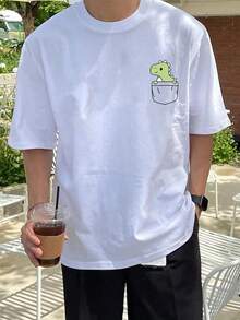 Men's Casual Cartoon Dinosaur Print Round Neck Short Sleeve T-Shirt, Summer Cute T Shirt Cartoon Shirt Dinosaur Shirt Pocket Tee Graphic Tee - Blanco - Ver 1