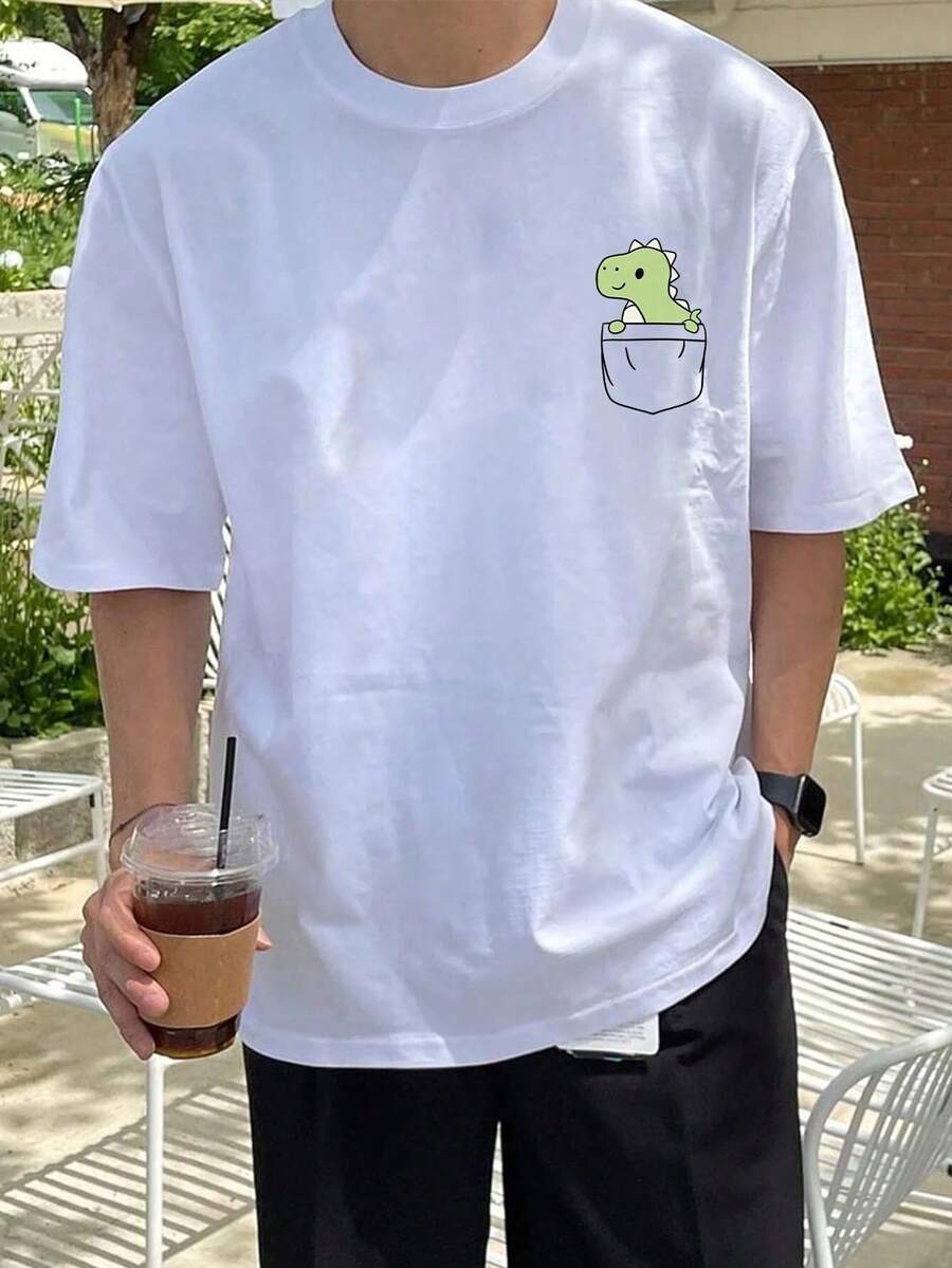 Men's Casual Cartoon Dinosaur Print Round Neck Short Sleeve T-Shirt, Summer Cute T Shirt Cartoon Shirt Dinosaur Shirt Pocket Tee Graphic Tee - Blanco - Ver 1