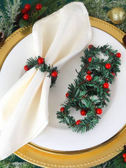 1/4/6/12 件圣诞花环餐巾环，适用于圣诞节餐桌装饰餐巾架，圣诞红浆果花环餐巾夹，绿草花环餐巾架，圣诞派对餐巾环
