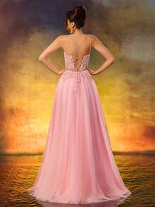 A Line Sweetheart Neck Applique Evening Prom Dress Spaghetti Tulle Lace Up Party Dress - Pink - View 4