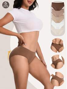 5Pcs Seamless Panties Mid Waist Maillard Color Women's Briefs Lifting Buttock High Elasticity Panty Comfortable & Breathable Woman Lingerie Ladies Flat Belly Sheath Underwear