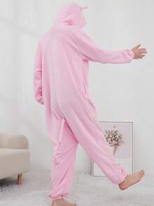 Adult Men's Cartoon Pink Pig One-Piece Pajamas, Autumn And Winter Thickened Animal One-Piece Pajamas, Hooded Warm Home Clothes, Halloween Costumes, Christmas Role-Play Party Costumes - Baby Pink - View 4