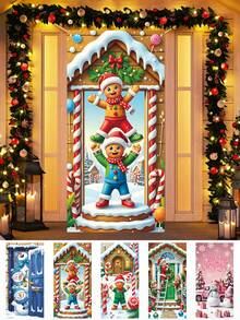 1pc Winter Snowman Blue Door Decor Set, Pine Tree Lantern Snowflake Front Door Hanging Banner Background, Christmas Seasonal Indoor Outdoor Home Decor, Christmas Decoration, Made Of Polyester, Suitable For Christmas Party Decor, Holiday Party Supplies, Photo Prop, New Year, Christmas Christmas Decorations Room Decor - Multicolor - View 5