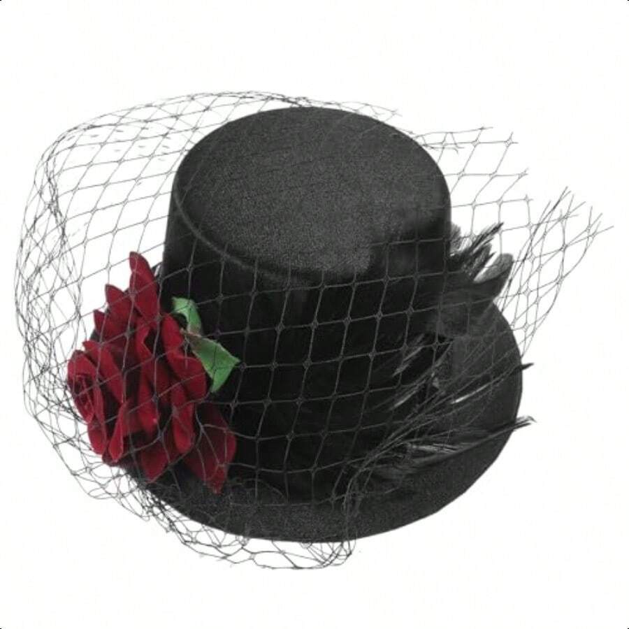 BESPORTBLE Victorian Mini Top Hat Classic Black Hat Hair Clip With Red Rose And Veil Elegant Fascinator For Cocktail Tea Party Women's Accories - 如圖 - 查看 1