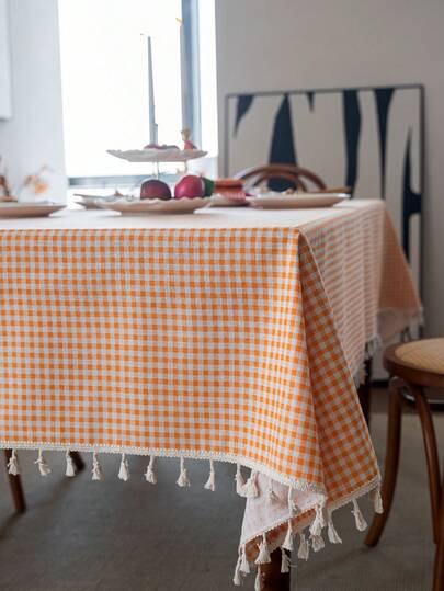MeijiaMo 1pc Orange & White Plaid Printed Rectangular Tablecloth, Rustic & Fresh Farmhouse Style For Dining Table, Kitchen, Hotel, Bedroom, Living Room, Party & Holiday Decor, Handmade Tassel Trim