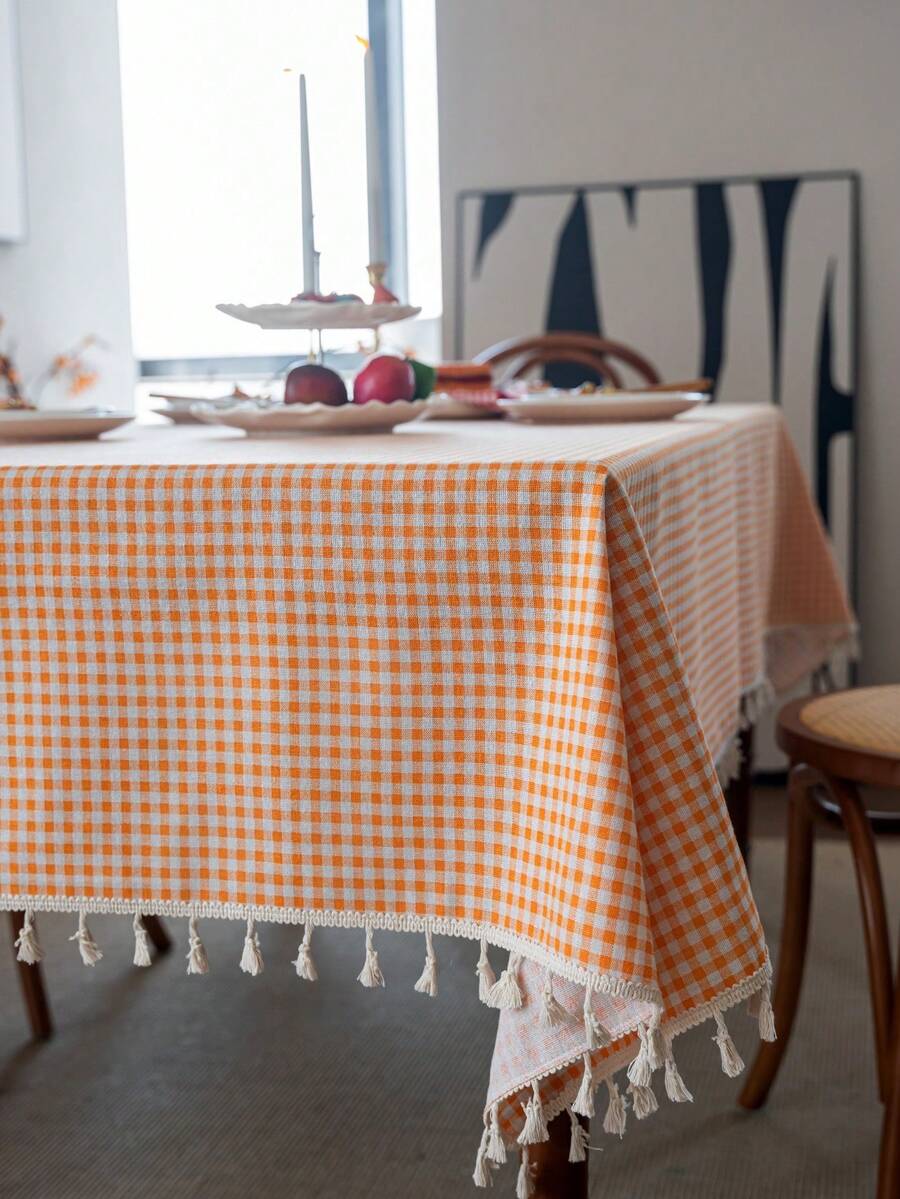 MeijiaMo 1pc Orange & White Plaid Printed Rectangular Tablecloth, Rustic & Fresh Farmhouse Style For Dining Table, Kitchen, Hotel, Bedroom, Living Room, Party & Holiday Decor, Handmade Tassel Trim