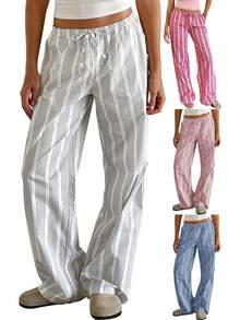 Women Wide Leg Pants Casual Stripe Print Elastic Drawstring Loose Trousers For Work Office Streetwear - 紅色 - 查看 3