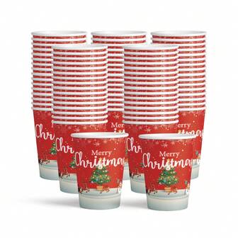 20pcs/50pcs Christmas Tree, Red Gift, Reindeer Themed Disposable Party Tableware, Christmas Pattern Themed Disposable Paper Cups, 250ML Coffee Cups, Cold Drink Cups