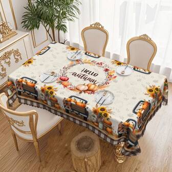 1 st höstduk, vintage pumpa solros lastbil rutig lantlig stil tryckt matduk, höst skördetema, höst- och Thanksgivingdekor, höstpresent, perfekt för inomhus utomhus/fest och heminredning, Thanksgiving-duk, rund/rektangulär/duk