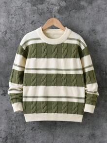 Boys & Teens' Striped Thick Knit Pullover Sweater, Collegiate Style, Suitable For School, Casual Wear In Spring, Autumn, Winter - Green - View 2
