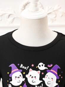 Girls Autumn Fashion Casual Outdoor Cute Halloween Cat Ghost Wizard Hat Star Pattern Bow Long Sleeve Puff Dress - Purple - View 4