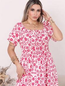 Women's Long Midi Dress With Puffer Sleeves And  Frills, Off-The-Shoulder, Tres Marias Floral - BUNGA MERAH MUDA - View 1