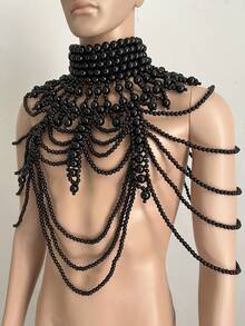 1 chiếc vòng cổ tua rua ngọc trai nhiều lớp cá nhân hóa, phụ kiện biểu diễn thời trang gợi cảm dành cho nam giới - màu đen - Xem 6