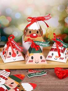 12pcs Festive Christmas Gift Boxes - Pre-Assembled Triangle Treat Containers With Ribbons, Cartoon Christmas Snowman & Santa Claus & Reindeer Design For Christmas Decor, Christmas Gift Wrapping Supplies - Multicolor - View 2
