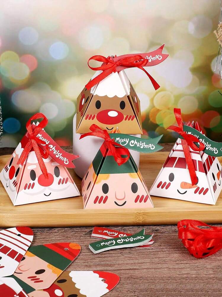 12pcs Festive Christmas Gift Boxes - Pre-Assembled Triangle Treat Containers With Ribbons, Cartoon Christmas Snowman & Santa Claus & Reindeer Design For Christmas Decor, Christmas Gift Wrapping Supplies - Multicolor - View 2