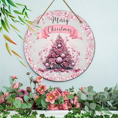 1pc Pink Christmas Tree Wooden Wall Decor - 8x8 Inch Holiday Wall Decoration With "Merry Christmas" Banner, Beautifully Designed For Home Or Party Decoration, Glittering Accents, Perfect Christmas Tree Ornament Home Decor Christmas Decorations Room Decor
