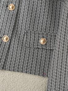 女式短款夹克外套，前襟纽扣，假口袋，黑色格子，秋冬 - 黑與白 - 查看 6